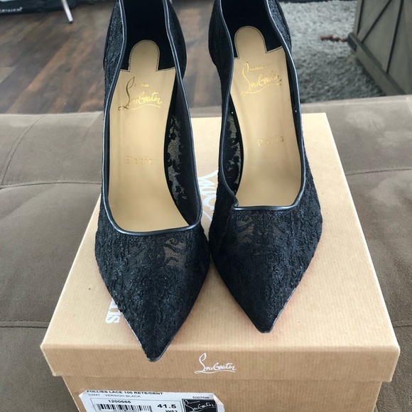 Christian Louboutin Black Red Follies Lace 100 Pumps - Picture 1 of 11
